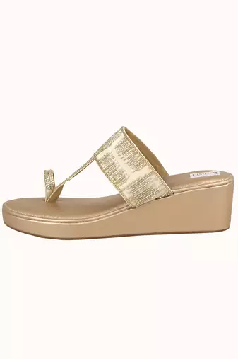 Gold Velvet Embellished Kolhapuri Wedges