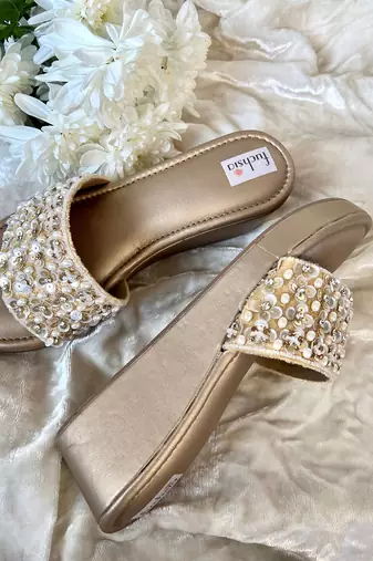 Gold Velvet Embellished Wedges