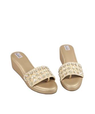 Gold Velvet Embellished Wedges 5