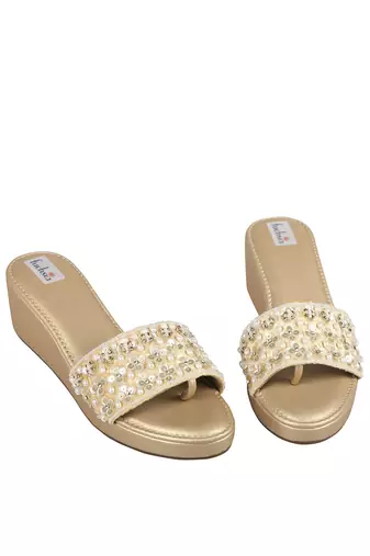Gold Velvet Embellished Wedges