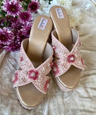 Pink Silk Embellished Wedges 2