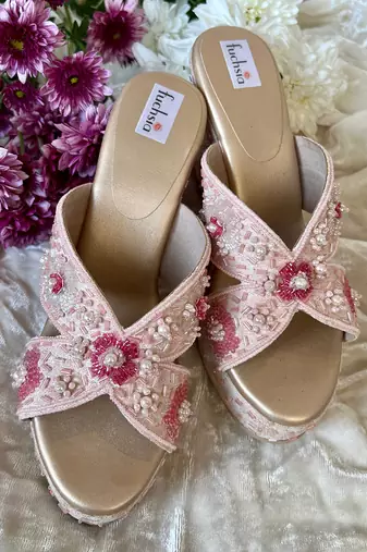 Pink Silk Embellished Wedges