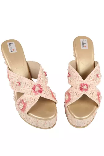 Pink Silk Embellished Wedges