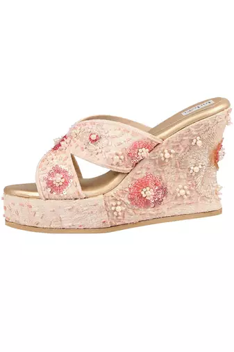 Pink Silk Embellished Wedges