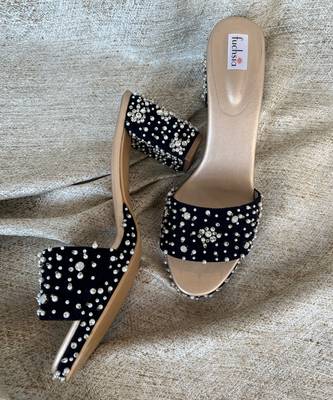 Navy Blue Velvet Embellished Wedges 2