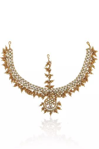 White Stone Mathapatti With Golden Balls