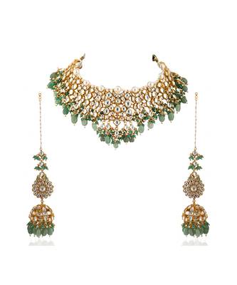 White Jadtar Stone Heavy Necklace With Pearl And Sea Green Beads With Jhumki 2