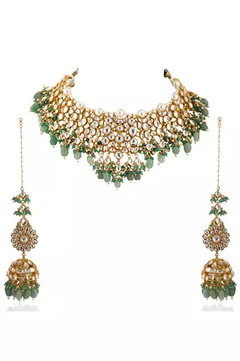 White Jadtar Stone Heavy Necklace With Pearl And Sea Green Beads With Jhumki
