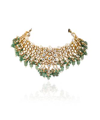 White Jadtar Stone Heavy Necklace With Pearl And Sea Green Beads With Jhumki 3