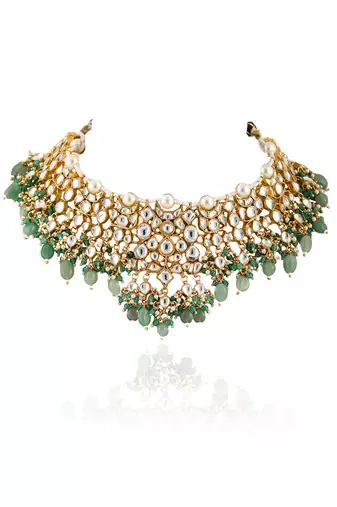 White Jadtar Stone Heavy Necklace With Pearl And Sea Green Beads With Jhumki