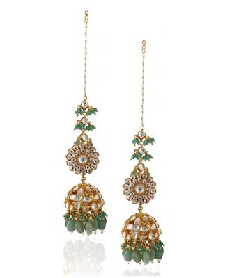 White Jadtar Stone Heavy Necklace With Pearl And Sea Green Beads With Jhumki 4