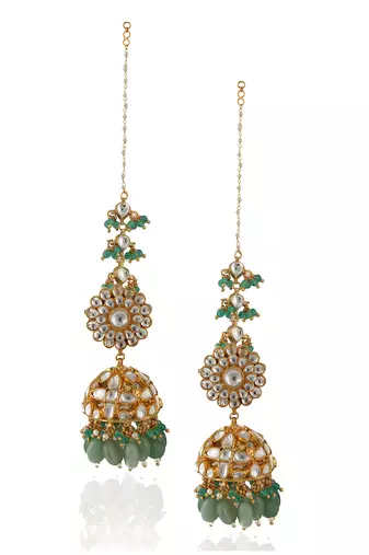 White Jadtar Stone Heavy Necklace With Pearl And Sea Green Beads With Jhumki