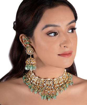 White Jadtar Stone Heavy Necklace With Pearl And Sea Green Beads With Jhumki 1
