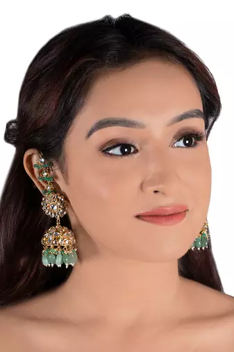 White Jadtar Stone Heavy Necklace With Pearl And Sea Green Beads With Jhumki