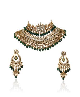 White Jadtar Stone Double Necklace Set With Green Beads 2