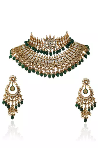 White Jadtar Stone Double Necklace Set With Green Beads
