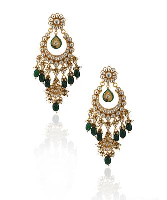 White Jadtar Stone Double Necklace Set With Green Beads 3