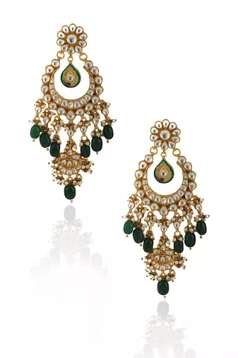 White Jadtar Stone Double Necklace Set With Green Beads