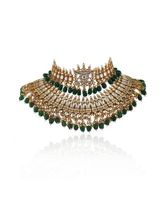 White Jadtar Stone Double Necklace Set With Green Beads 4