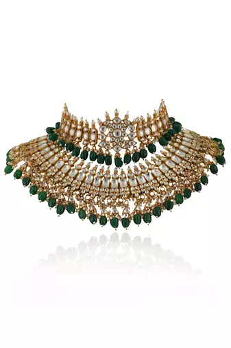 White Jadtar Stone Double Necklace Set With Green Beads