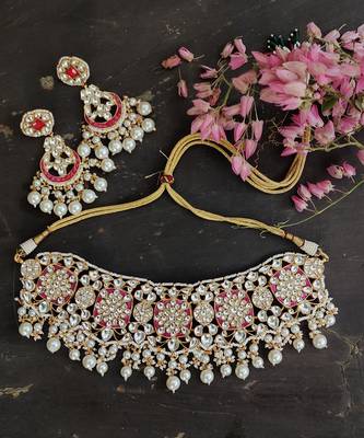 Pink And White Pearl Choker Necklace Set 7
