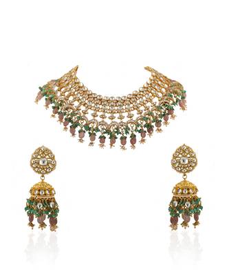 White Jadtar Stone Heavy Bridal Necklace Set Pastel Pink Beads And Jhumki 2