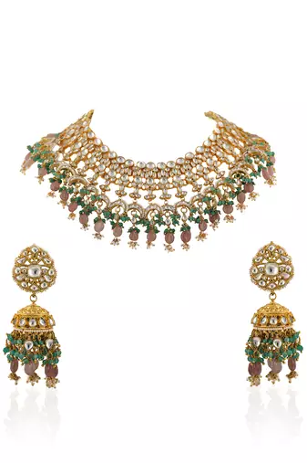 White Jadtar Stone Heavy Bridal Necklace Set Pastel Pink Beads And Jhumki