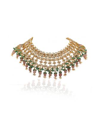 White Jadtar Stone Heavy Bridal Necklace Set Pastel Pink Beads And Jhumki 3