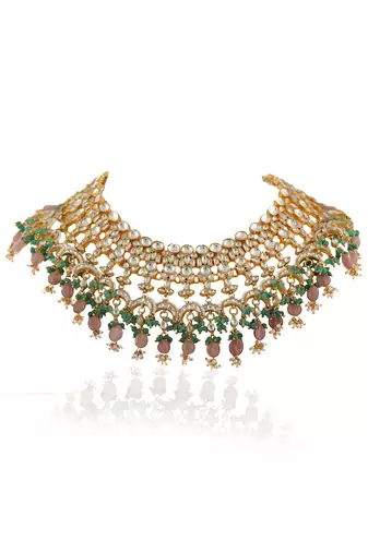 White Jadtar Stone Heavy Bridal Necklace Set Pastel Pink Beads And Jhumki