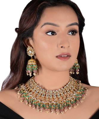 White Jadtar Stone Heavy Bridal Necklace Set Pastel Pink Beads And Jhumki 1