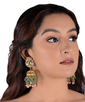 White Jadtar Stone Heavy Bridal Necklace Set Pastel Pink Beads And Jhumki 4