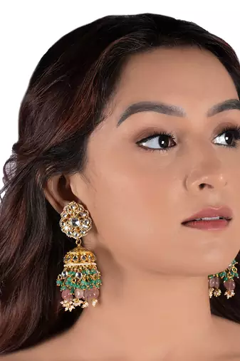 White Jadtar Stone Heavy Bridal Necklace Set Pastel Pink Beads And Jhumki