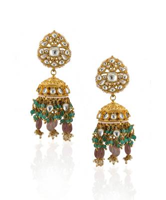 White Jadtar Stone Heavy Bridal Necklace Set Pastel Pink Beads And Jhumki 5