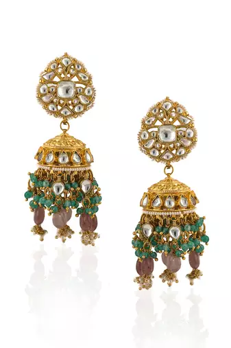 White Jadtar Stone Heavy Bridal Necklace Set Pastel Pink Beads And Jhumki
