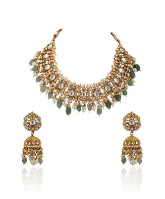 White Stone Necklace Set With Pearl And Sea Green Beads 2