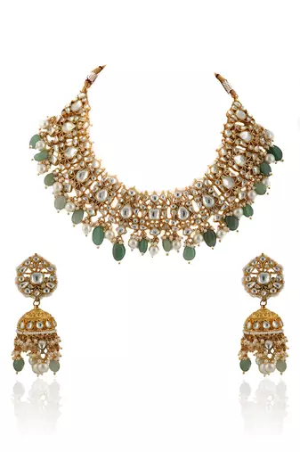 White Stone Necklace Set With Pearl And Sea Green Beads