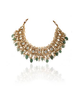 White Stone Necklace Set With Pearl And Sea Green Beads 3