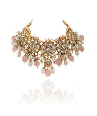 White Jadtar Stone Necklace Set Light Pink Beads With Pearl 2
