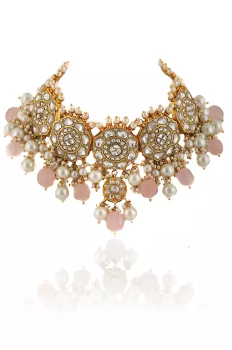 White Jadtar Stone Necklace Set Light Pink Beads With Pearl