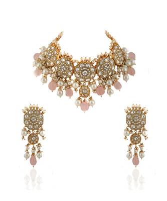 White Jadtar Stone Necklace Set Light Pink Beads With Pearl 3