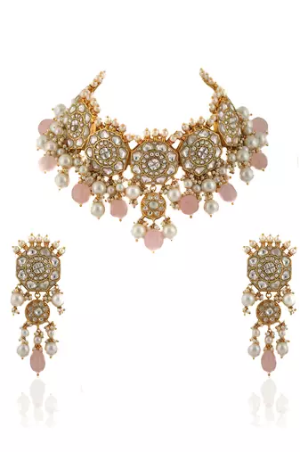 White Jadtar Stone Necklace Set Light Pink Beads With Pearl