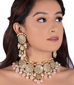 White Jadtar Stone Necklace Set Light Pink Beads With Pearl