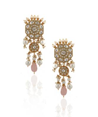 White Jadtar Stone Necklace Set Light Pink Beads With Pearl 4