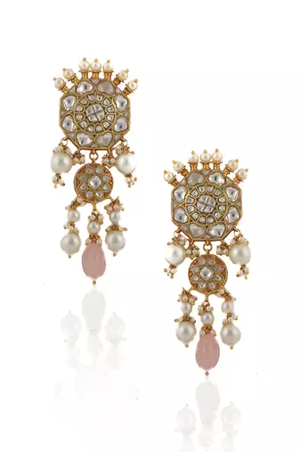 White Jadtar Stone Necklace Set Light Pink Beads With Pearl
