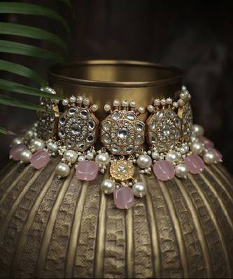 White Jadtar Stone Necklace Set Light Pink Beads With Pearl 6