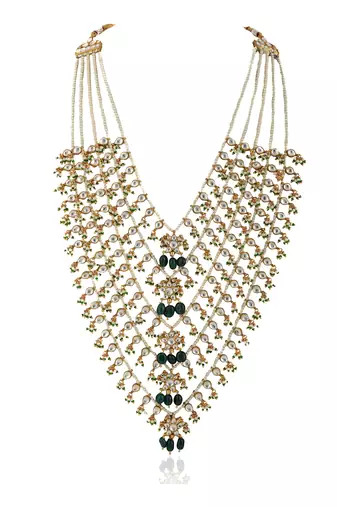 Green And White 5 Line Set Middle Flower Shape On Pearl String