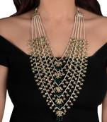 Green And White 5 Line Set Middle Flower Shape On Pearl String