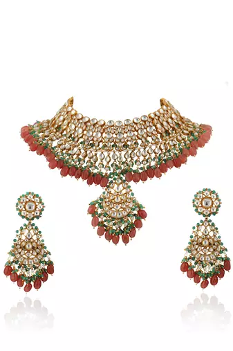 White Jadtar Stone With Pastel Pink And Green Heavy Bridal Necklace Set