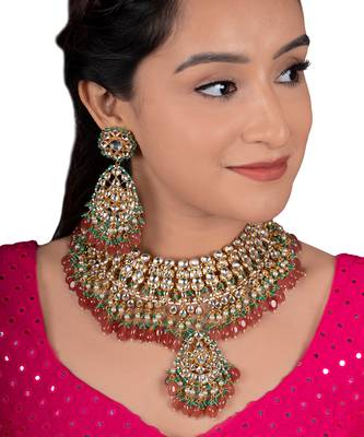 White Jadtar Stone With Pastel Pink And Green Heavy Bridal Necklace Set 1