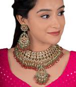 White Jadtar Stone With Pastel Pink And Green Heavy Bridal Necklace Set